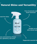 Glass cleaner bottle with features highlighted on a teal background