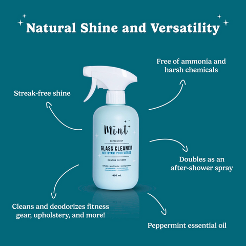 Glass cleaner bottle with features highlighted on a teal background
