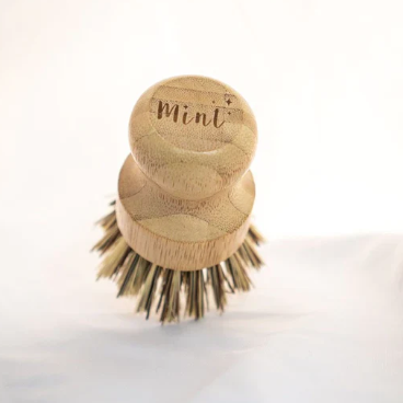 Wooden dish brush with bristles on a white background