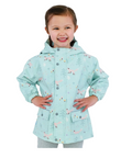 Child wearing a light blue raincoat with a pattern on a white background