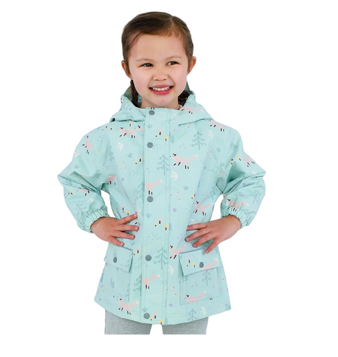 Child wearing a light blue raincoat with a pattern on a white background