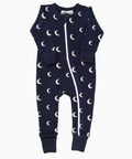 Navy baby onesie with white moon pattern on a white background
