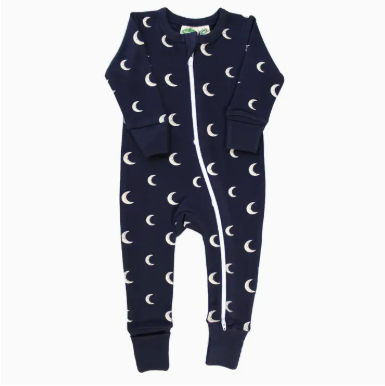Navy baby onesie with white moon pattern on a white background