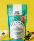 Tea package labeled 'Moroccan Mint' with a yellow background