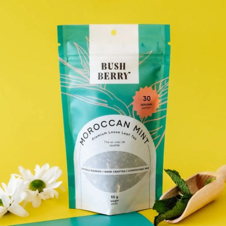 Tea package labeled 'Moroccan Mint' with a yellow background