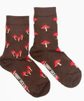 Brown socks with red mushroom pattern on a white background