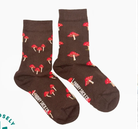 Brown socks with red mushroom pattern on a white background