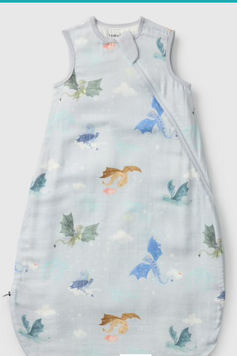 Baby sleeping bag with butterfly pattern on a light blue background