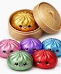 Colorful dim sum toy set with a gold dumpling in a wooden steamer.