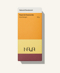 NUA peach and chamomile natural deodorant packaging on a white background