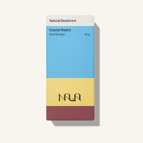 Nila natural deodorant packaging with blue, yellow, and red color scheme on a white background