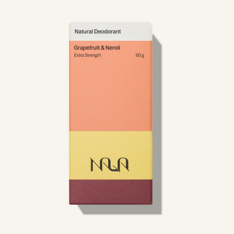 Natural deodorant packaging with 'Nua' brand on a white background