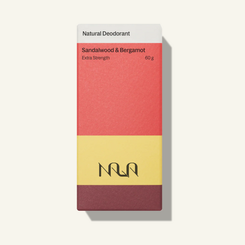 NLA natural deodorant packaging with sandalwood and bergamot scent on a white background