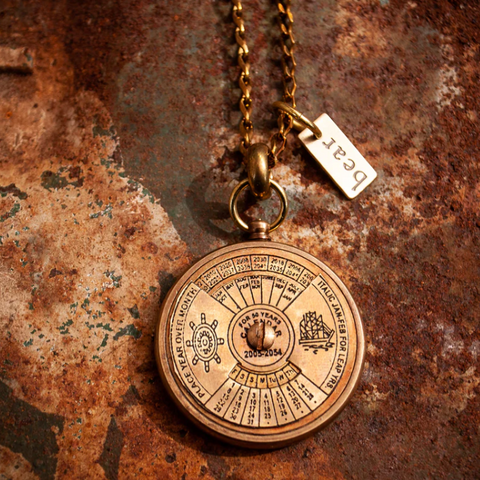 Bronze necklace with a detailed pendant on a textured brown background