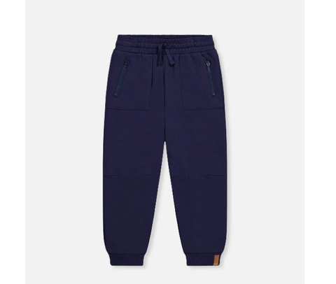 navy blue kids jogger sweatpants with drawstring waist and zipper pockets elastic ankles fleece