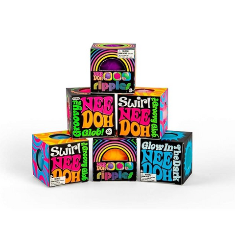 Colorful boxes of Nee Doh ripples on a white background