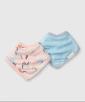 Two baby bibs, one with a pink and orange pattern and the other with a blue pattern, on a light gray background.