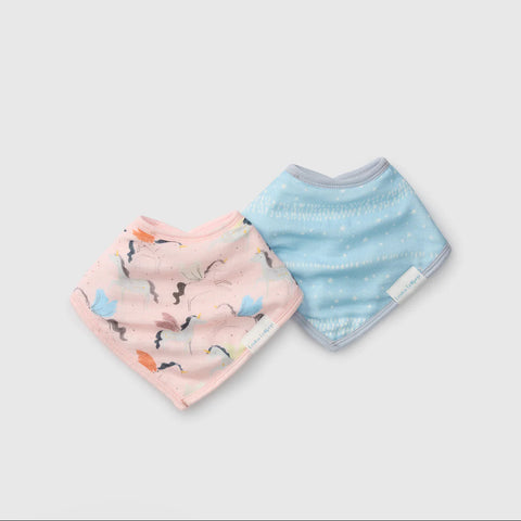 Two baby bibs, one with a pink and orange pattern and the other with a blue pattern, on a light gray background.