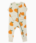 Baby onesie with orange fruit pattern on a white background