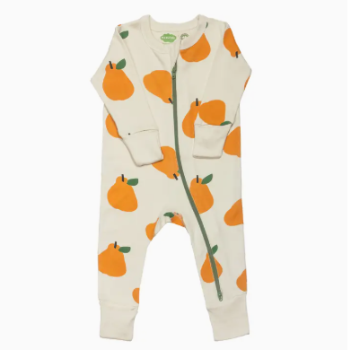 Baby onesie with orange fruit pattern on a white background