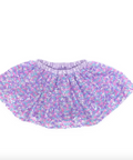 A purple sequined tutu skirt with a matching elastic waistband, displayed flat against a solid white background.