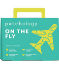 Patchology 'On the Fly' travel facial kit packaging with airplane graphic on teal background