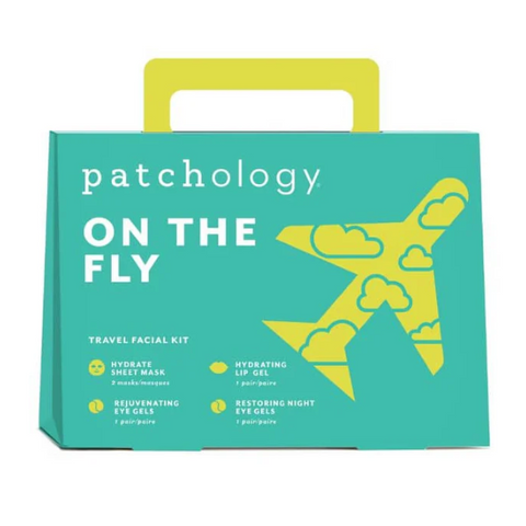 Patchology 'On the Fly' travel facial kit packaging with airplane graphic on teal background
