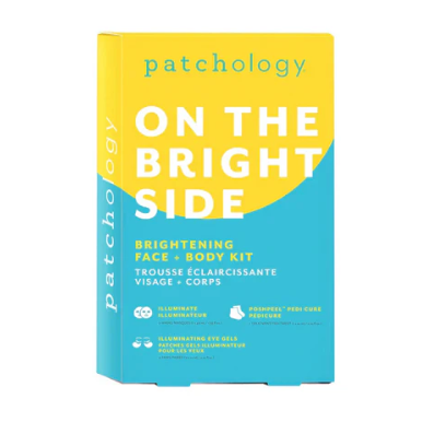 Patchology 'On the Bright Side' brightening face and body kit packaging on a white background