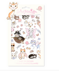 A sheet of cute cat-themed stickers on a white backing card, featuring illustrated cats in various poses and colors like pink, blue, orange, black, and white. The brand name 'Sweet Pretenders' is visible at the top.