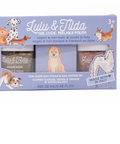 Lulu & Tilda Gel Look Pearlescent Polish Paw Some Nail Polish & Nail Sticker Set in a lavender-blue box with dog and cat illustrations, showing two bottles inside.