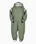Green rain suit with reflective stripes on a white background