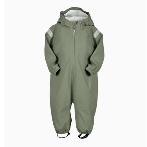 Green rain suit with reflective stripes on a white background