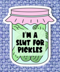 Sticker of a jar of pickles with text on a textured blue background