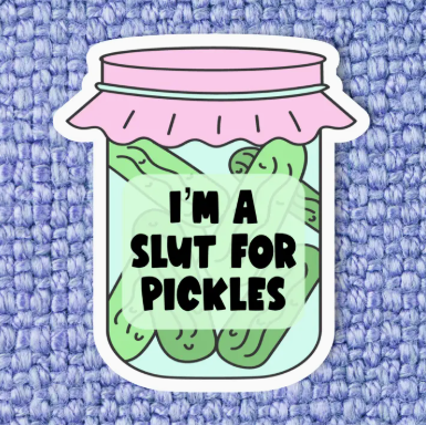 Sticker of a jar of pickles with text on a textured blue background