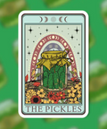 Card featuring a jar of pickles with flowers on a green background