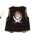 A black pirate costume vest with gold trim and a skull-and-crossbones print, shown with a small black pirate hat on a plain white background.