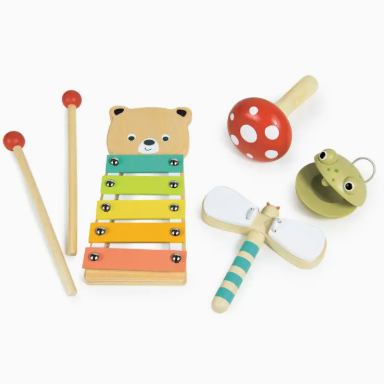 Set of colorful children's musical instruments on a white background