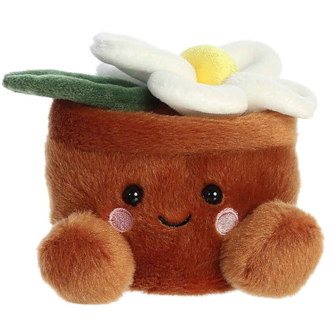 Plush toy of a brown pot with a flower on top, featuring a smiling face.