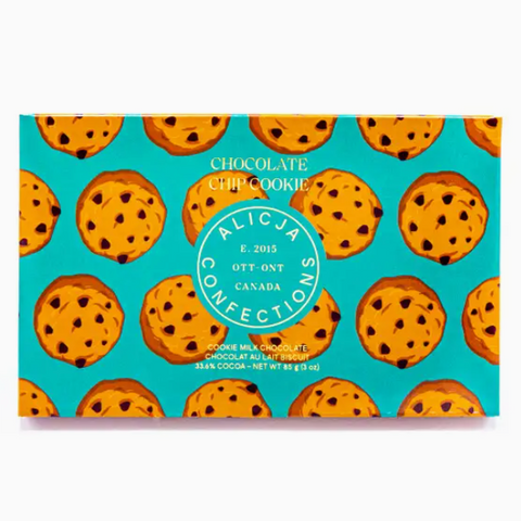Chocolate chip cookie packaging with teal background and cookie pattern