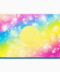 Colorful makeup palette with a brand logo on a white background