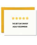 Five-star rating card with text 'The best bus driver! Highly recommend.' on a white background.