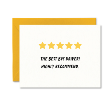 Five-star rating card with text 'The best bus driver! Highly recommend.' on a white background.