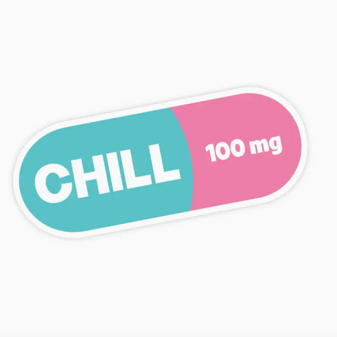 Colorful pill-shaped sticker with 'CHILL' and '100 mg' text on a white background