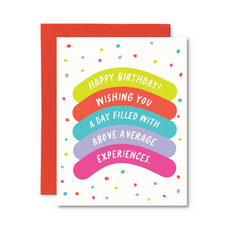 Colorful birthday card with rainbow text on a white background