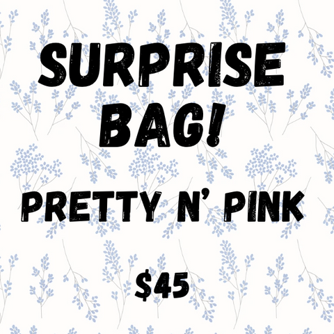 Promotional text for a 'Surprise Bag! Pretty N' Pink' with a price tag on a floral background.