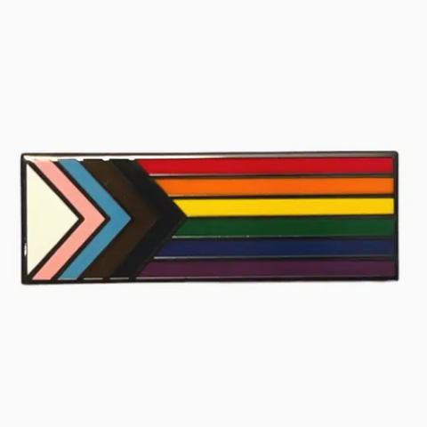 Colorful striped pin with a geometric design on a white background