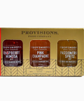 Provisions Food Company drink mix package with three small bottles on a gold background