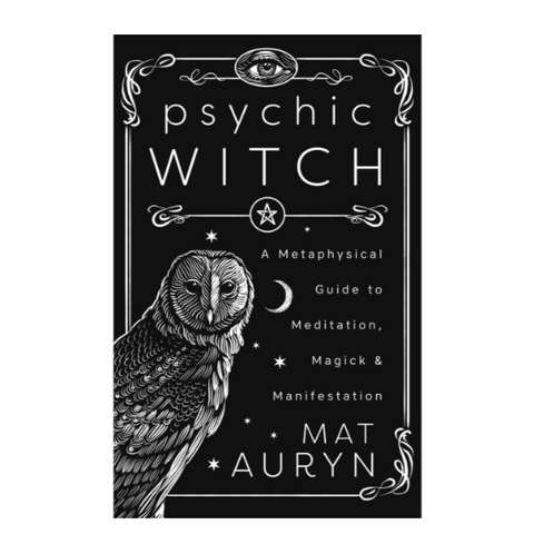 Book cover of 'Psychic Witch' with an owl illustration on a black background