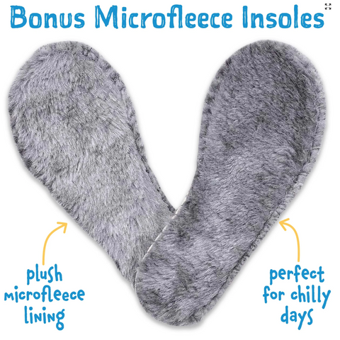 Gray microfleece insoles with text highlighting features on a white background