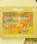 A 250-piece jigsaw puzzle box by villager Puzzles, featuring a colorful illustrated forest scene with animals around a campfire. The box is a warm yellow-green color with the brand name 'villager' at the top.